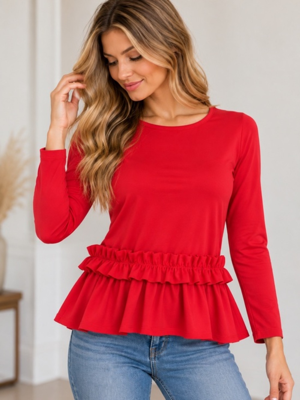 Ivanka Trump Women’s Red Ruffle Peplum Long Sleeve Top Size Small